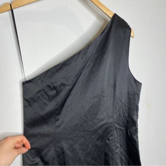 THEORY Sleeveless One Shoulder Mini Dress in Black Satin - Picture 6 of 8